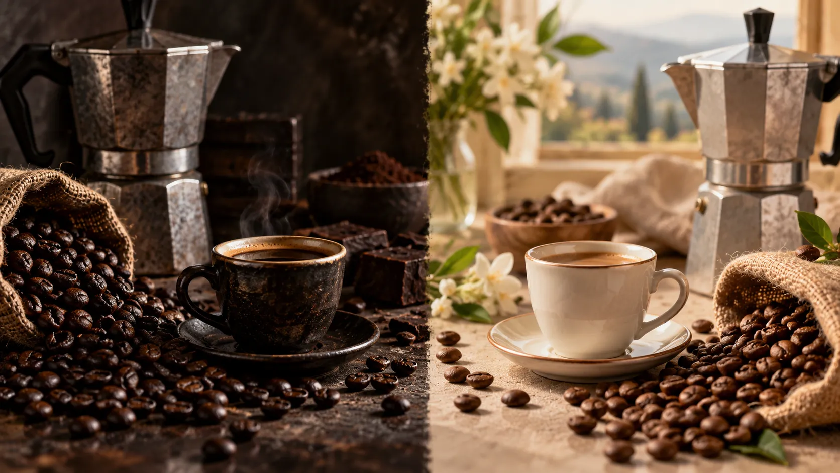 مقایسه قهوه عربیکا و روبوستا برای موکاپات با دو فنجان قهوه و دانههای متفاوت