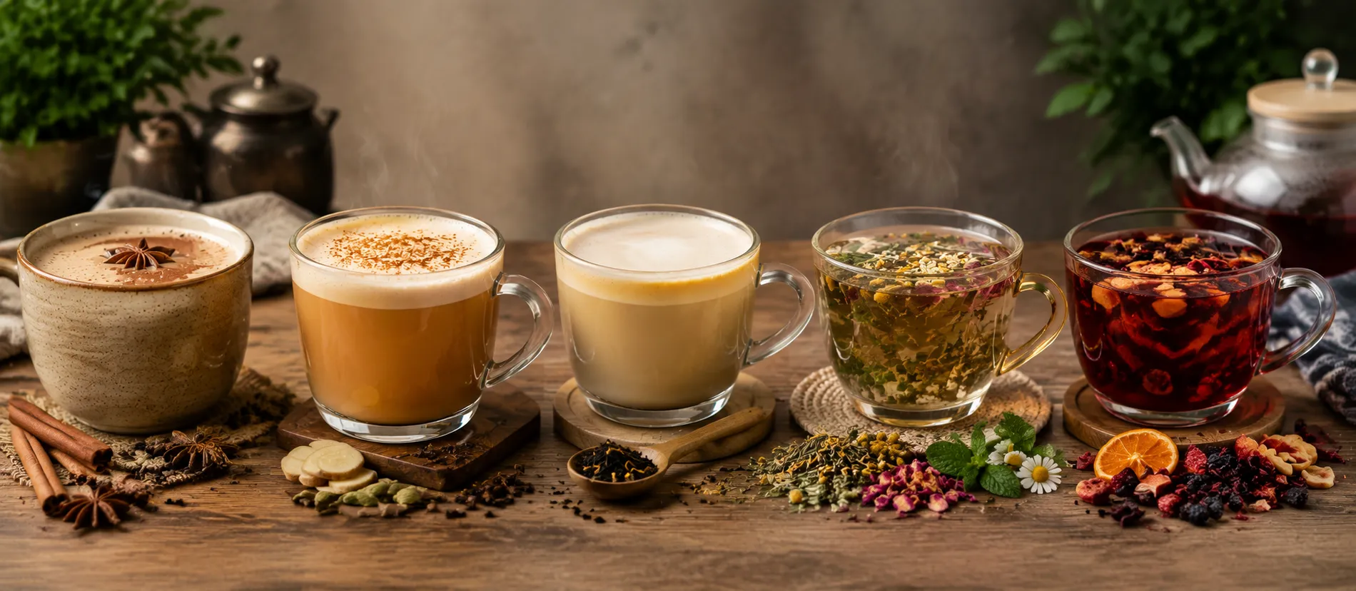 انواع چای و دمنوش شامل چای ماسالا، چای کرک، چای لاته، دمنوش گیاهی و دمنوش میوهای در فنجانهای مختلف