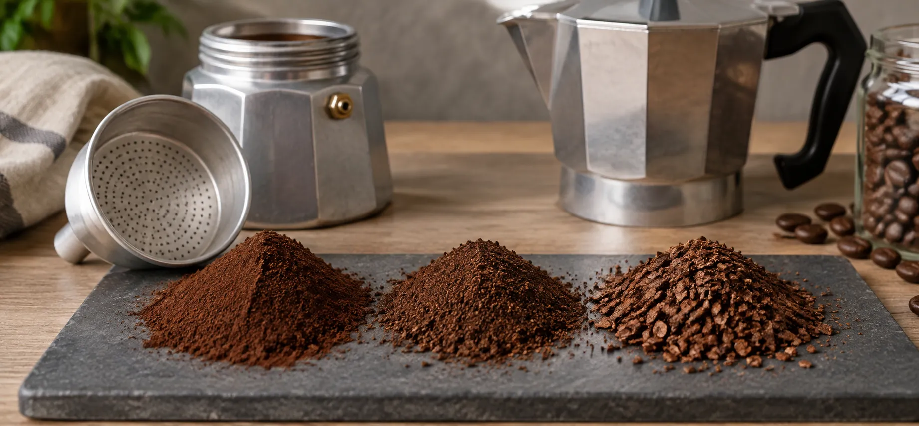 مقایسه درجه آسیاب قهوه برای موکاپات از خیلی ریز تا متوسط رو به ریز و درشت