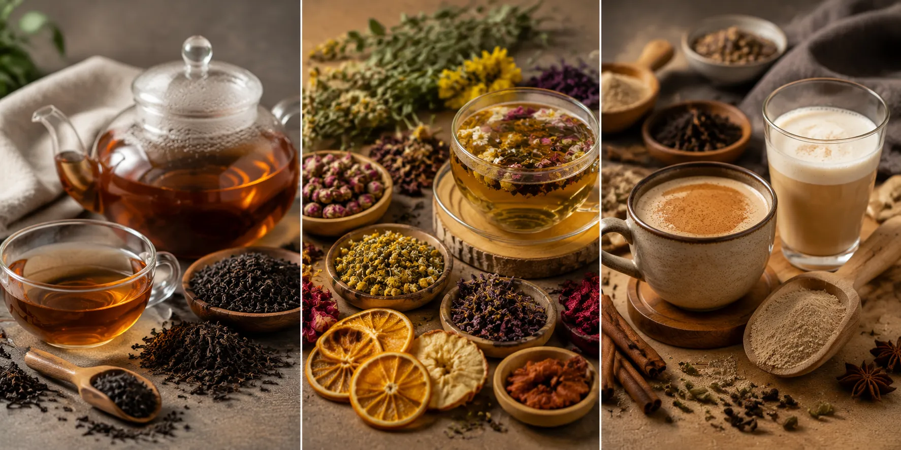 تفاوت چای، دمنوش و نوشیدنی ترکیبی با نمایش برگ چای، گیاهان خشک و چای ماسالا